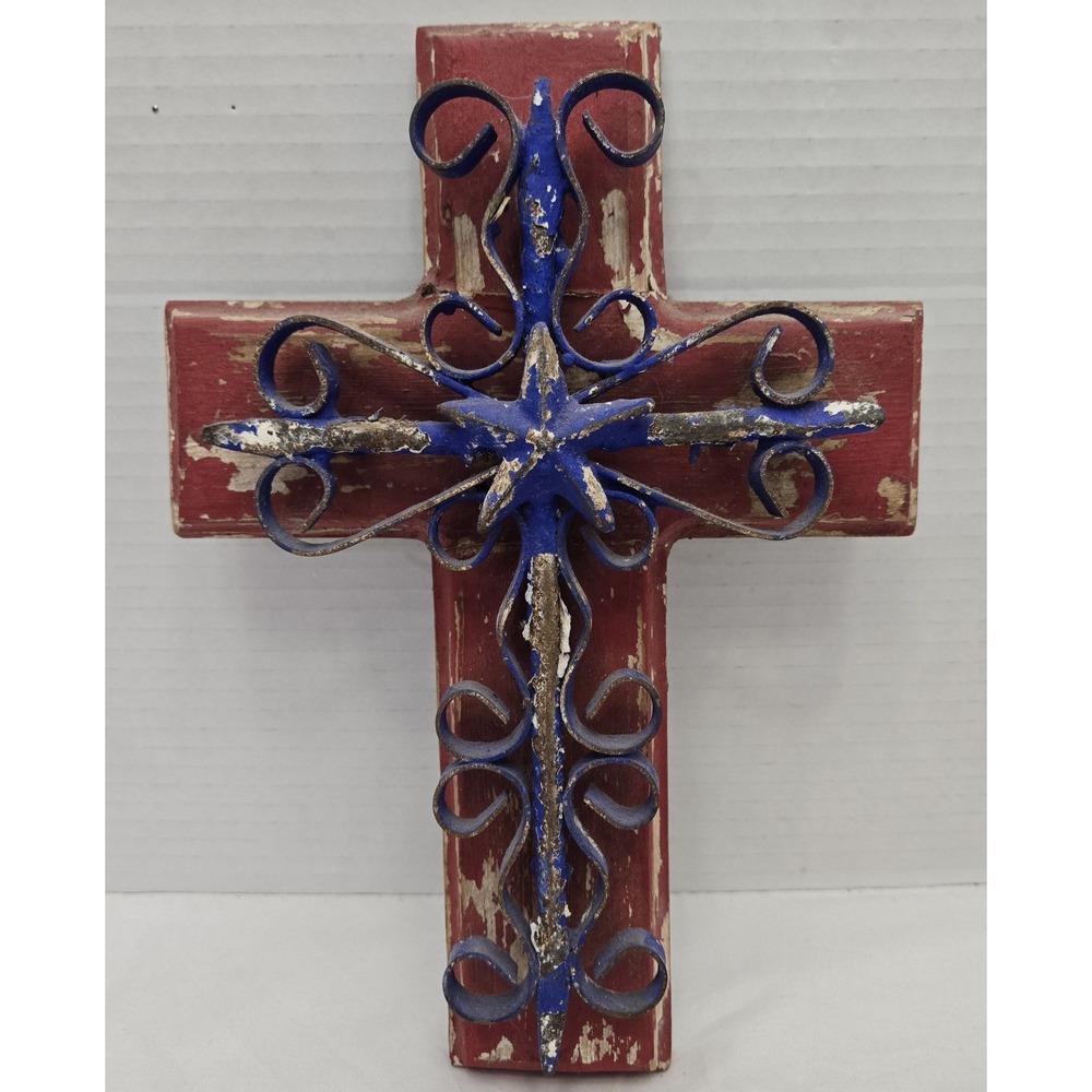 Rustic Red & Blue Wood and Metal Wall Cross – Distressed Texas Barn Star Decor